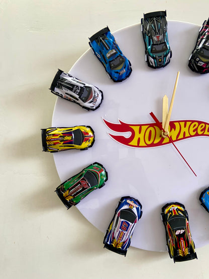 .Hot Wheels Sports Car Wall Clock 13 Inch | 12 Die-Cast Cars | Racing Car Room Decor
