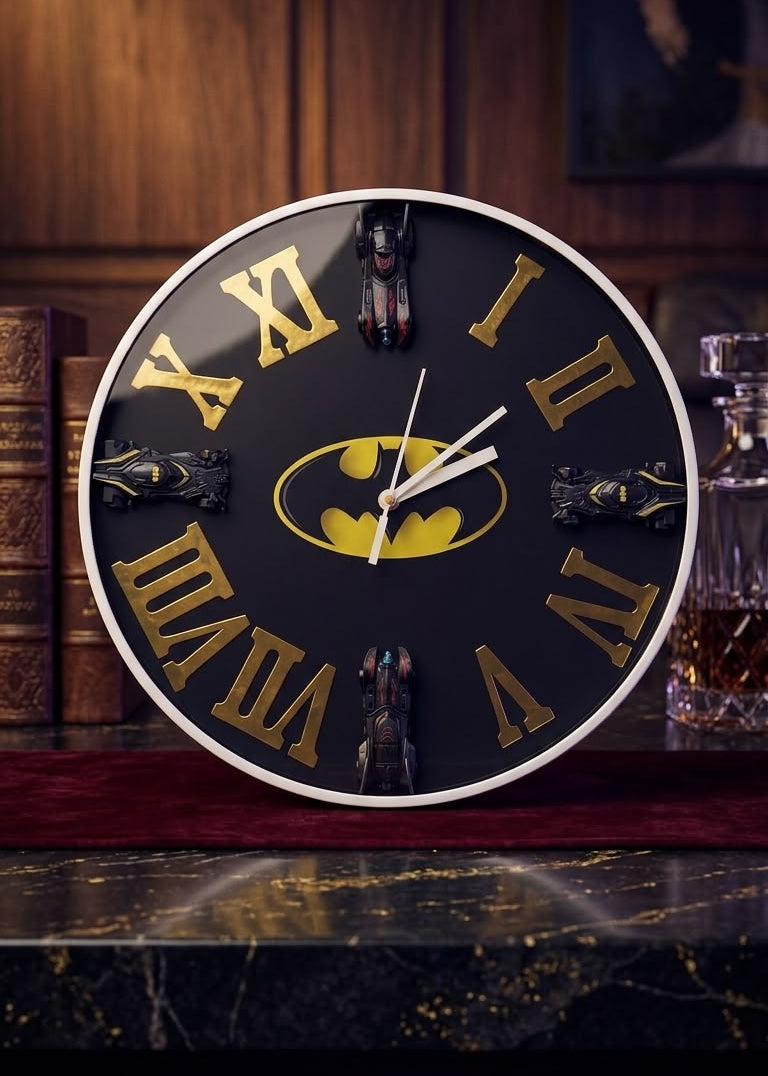 A round Batman-themed wall clock with a black face, gold Roman numerals, and a yellow Batman logo at the center, displayed on a dark marble surface in a vintage-style room.